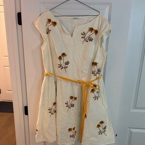 eShakti Cream Dress with Mustard and Brown Floral Embroidery